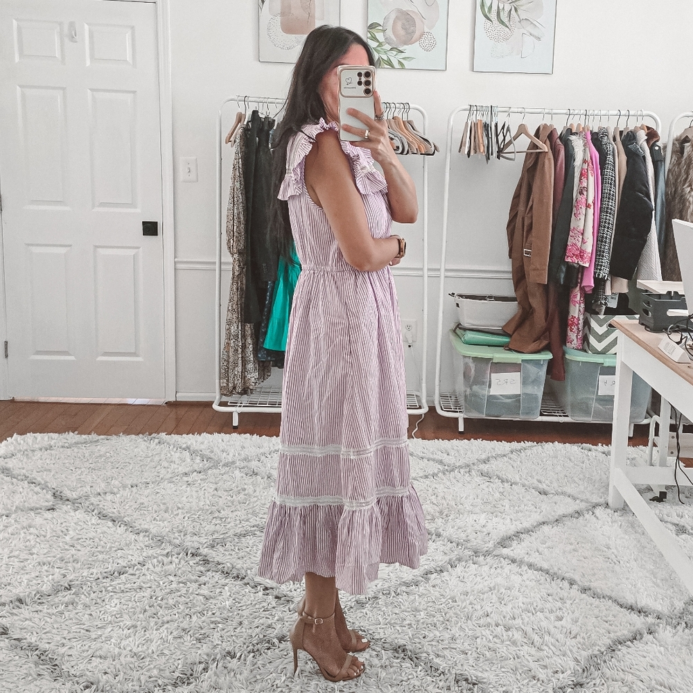 J.Crew Lavender Stripe Ruffle Tiered Midi Dress Size S - Picture 3 of 12